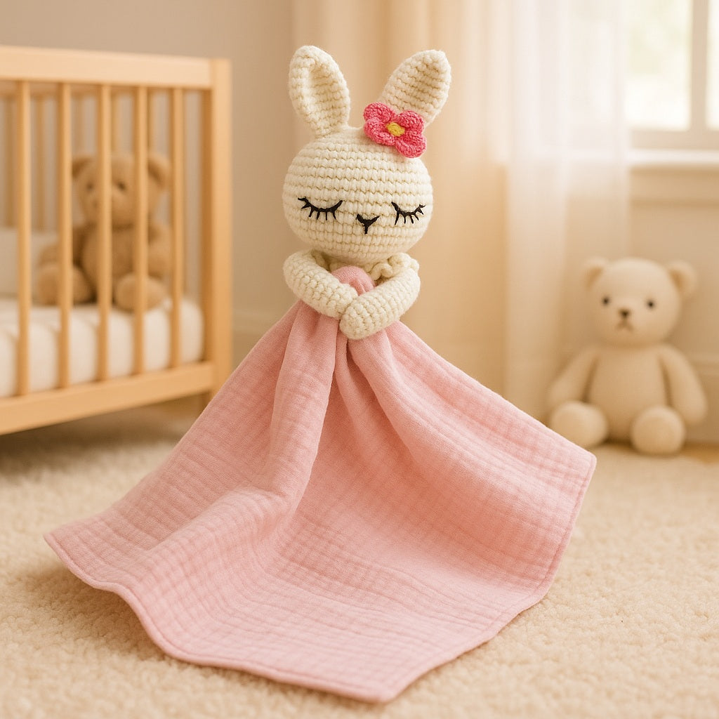 doudou bebe lapin mousseline rose paisible