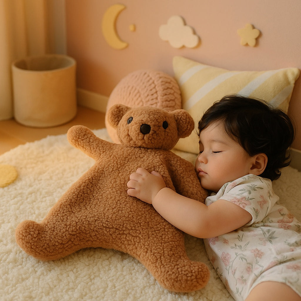 doudou bebe plat ours marron sommeil serein