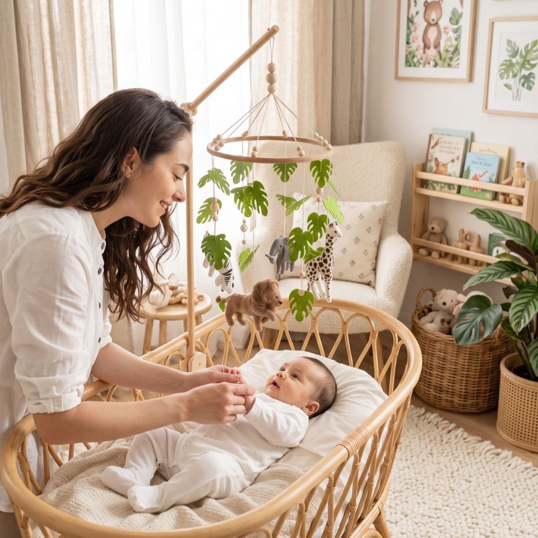 mobile de lit bebe feuille verte animaux compagnon rassurant