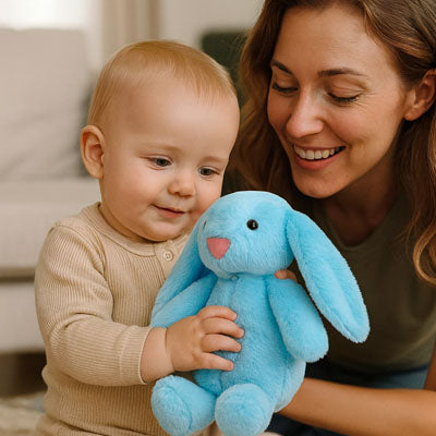 peluche lapin bleu reconfortant