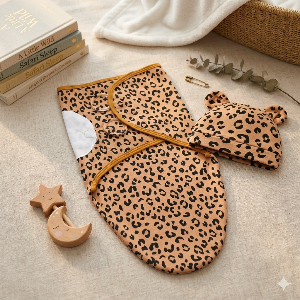 Couverture emmaillotage bebe leopard douce