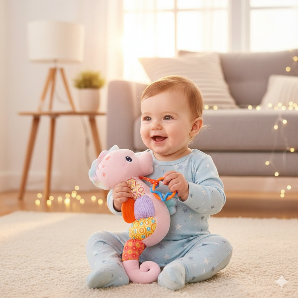 doudou bebe hippocampe rose compagnon enveloppant