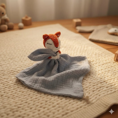 doudou bebe renard mousseline  bleu chaleureux