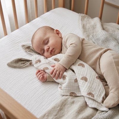 doudou lapin gris arc en ciel ami rassurant