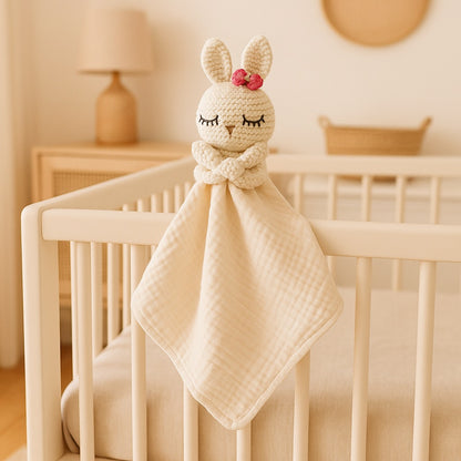 doudou lapin mousseline blanche attendrissant