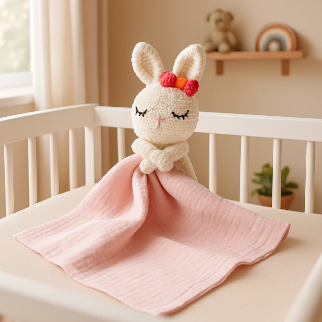 doudou lapin mousseline rose chaleureux