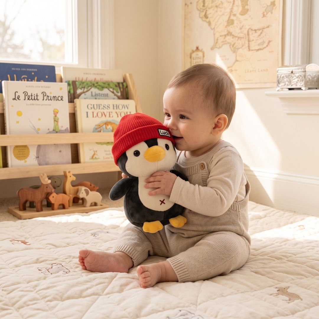 doudou pingouin chapeau rouge compagnon calin