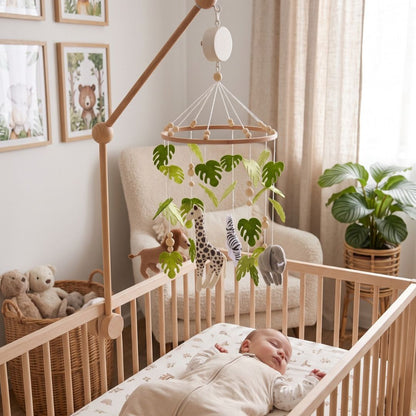 mobile de lit bebe feuille verte animaux compagnon apaisant