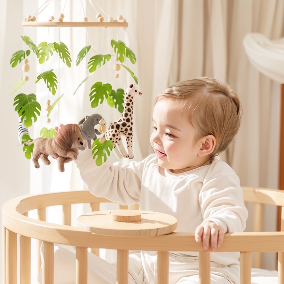 mobile de lit bebe feuille verte animaux eveil tactile