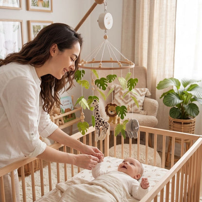 mobile de lit bebe feuille verte animaux repere ludique