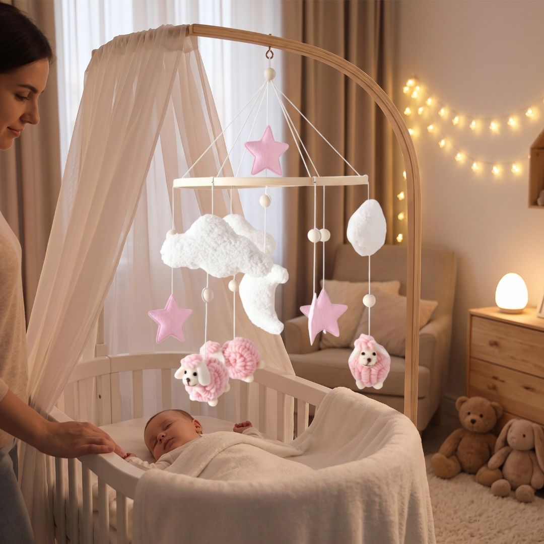mobile lit bebe mouton rose compagnon chaleureux