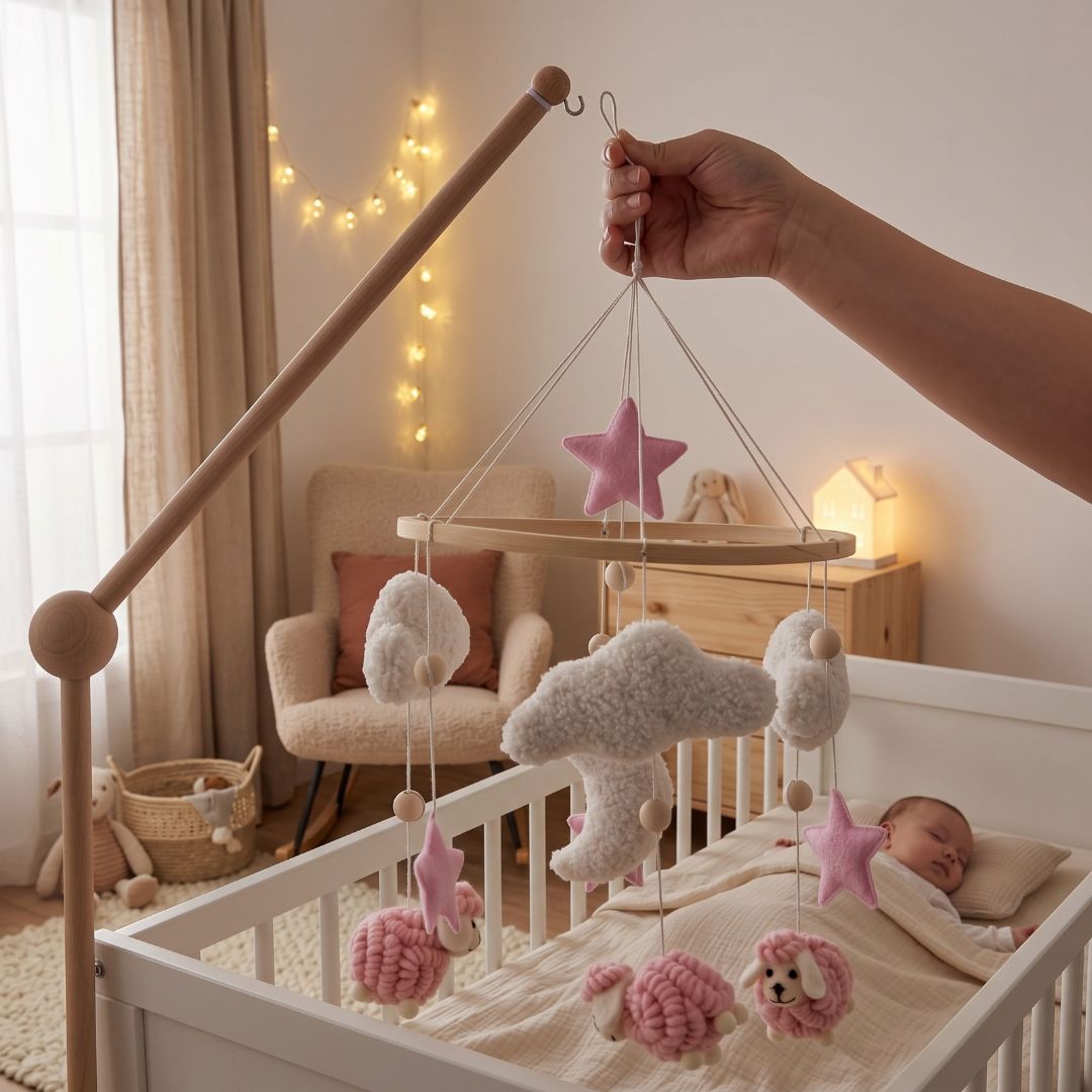 mobile lit bebe mouton rose presence apaisante