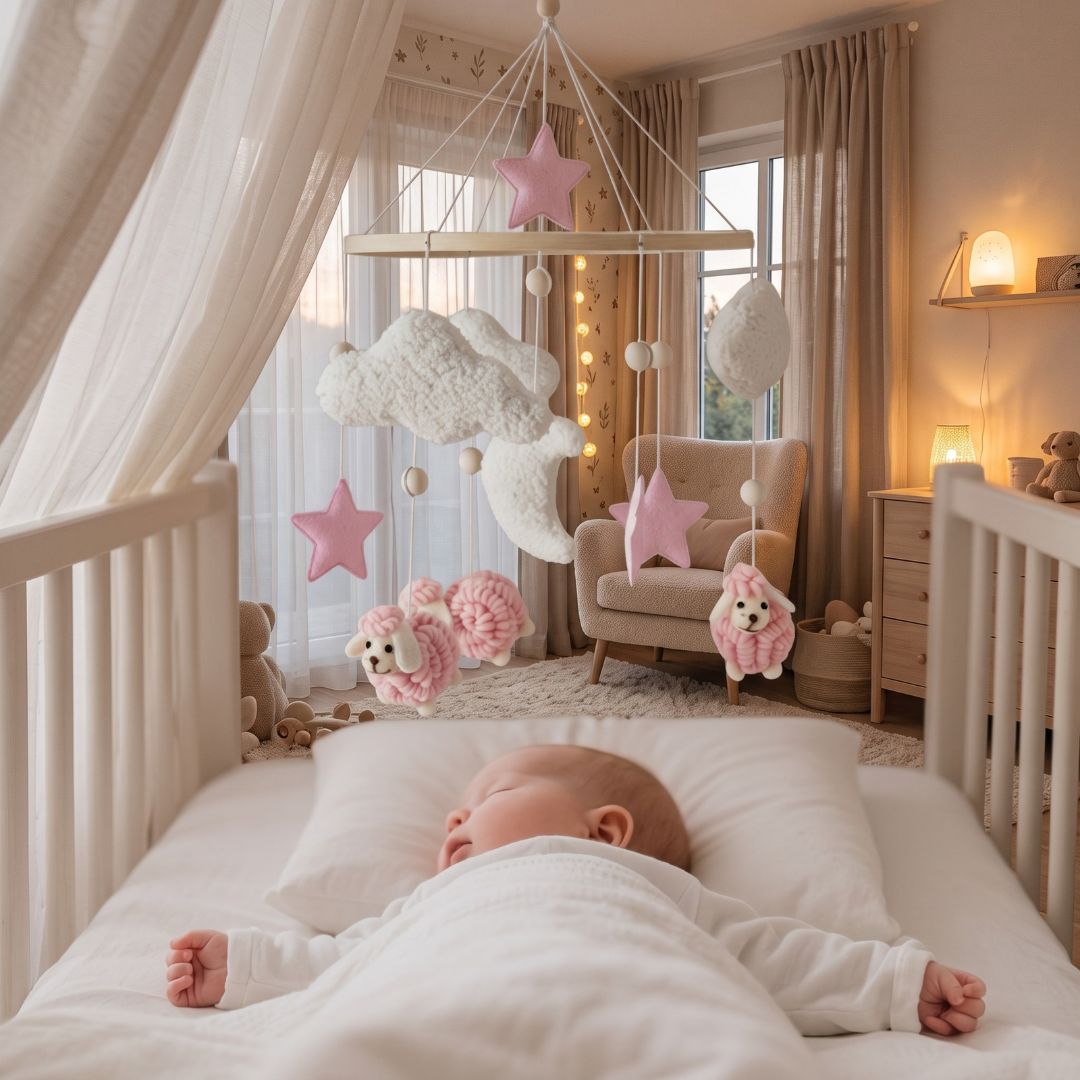 mobile lit bebe mouton rose sommeil apaiser