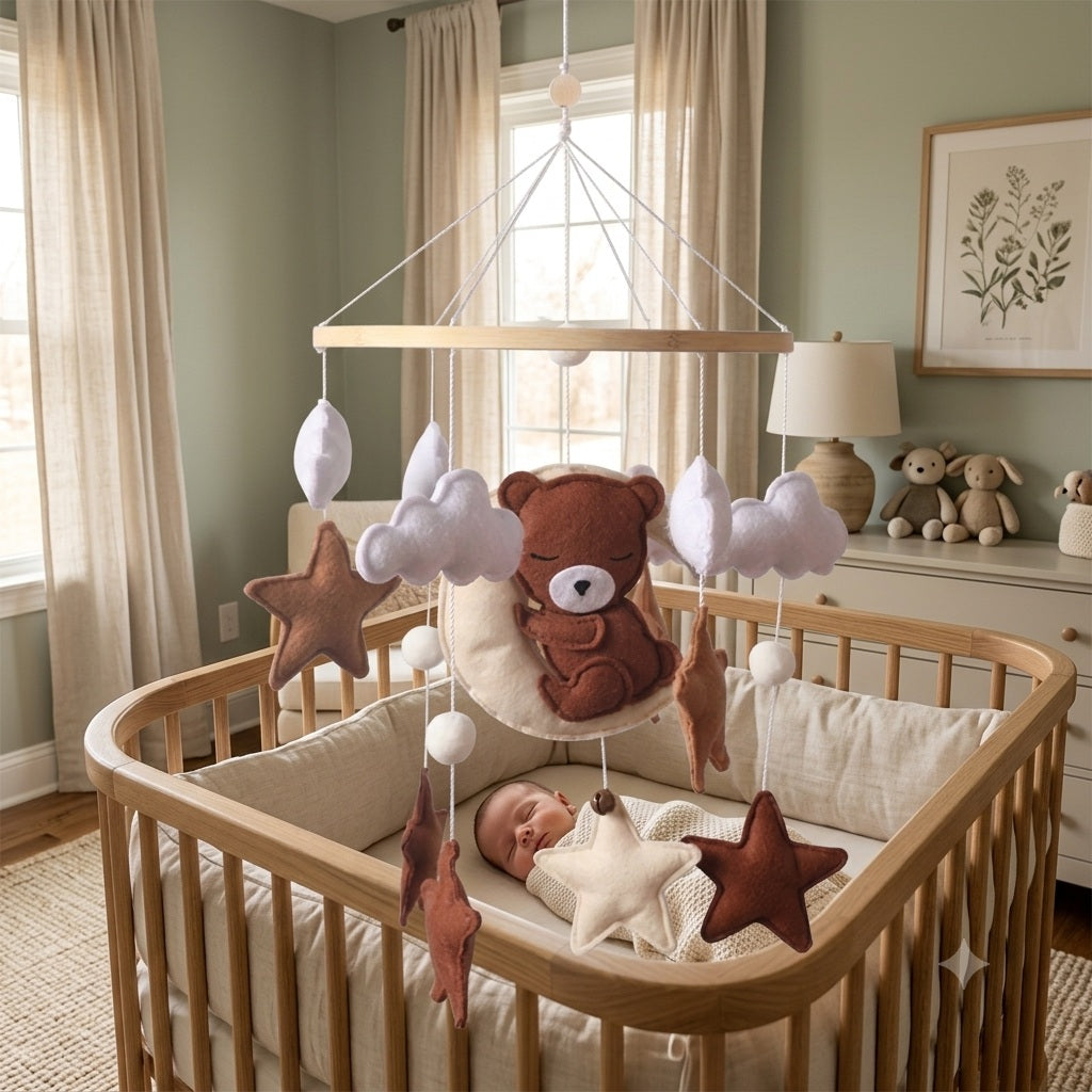 mobile pour bebe ours marron feutre  doux sommeil