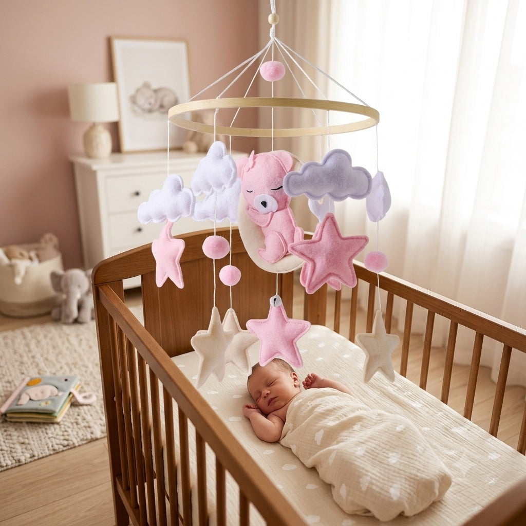 mobile pour bebe ours rose feutre  apaisant