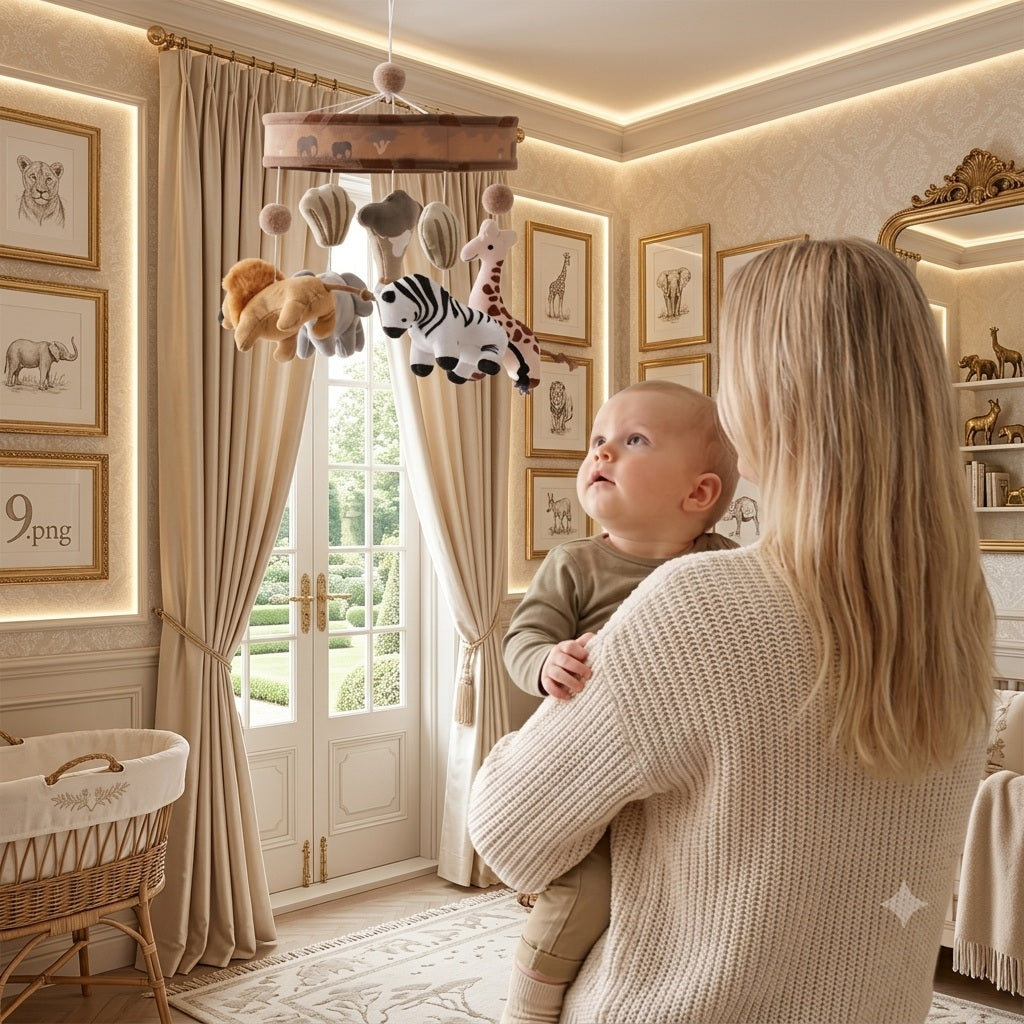 mobile pour lit bebe marron animaux presence rassurante