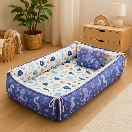 reducteur de lit bebe bleu dessin marrin cocon rassurant