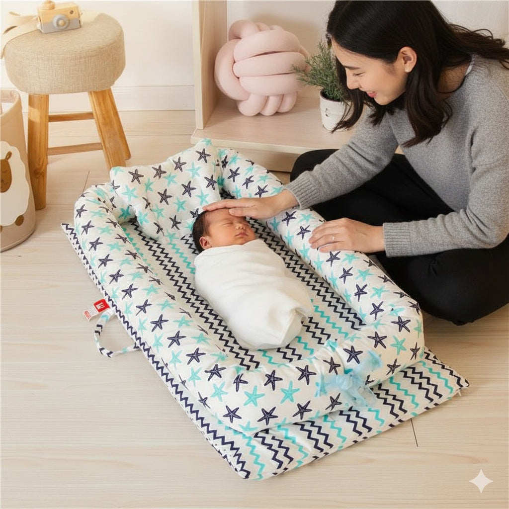 reducteur de lit bebe bleu etoile doux enveloppant