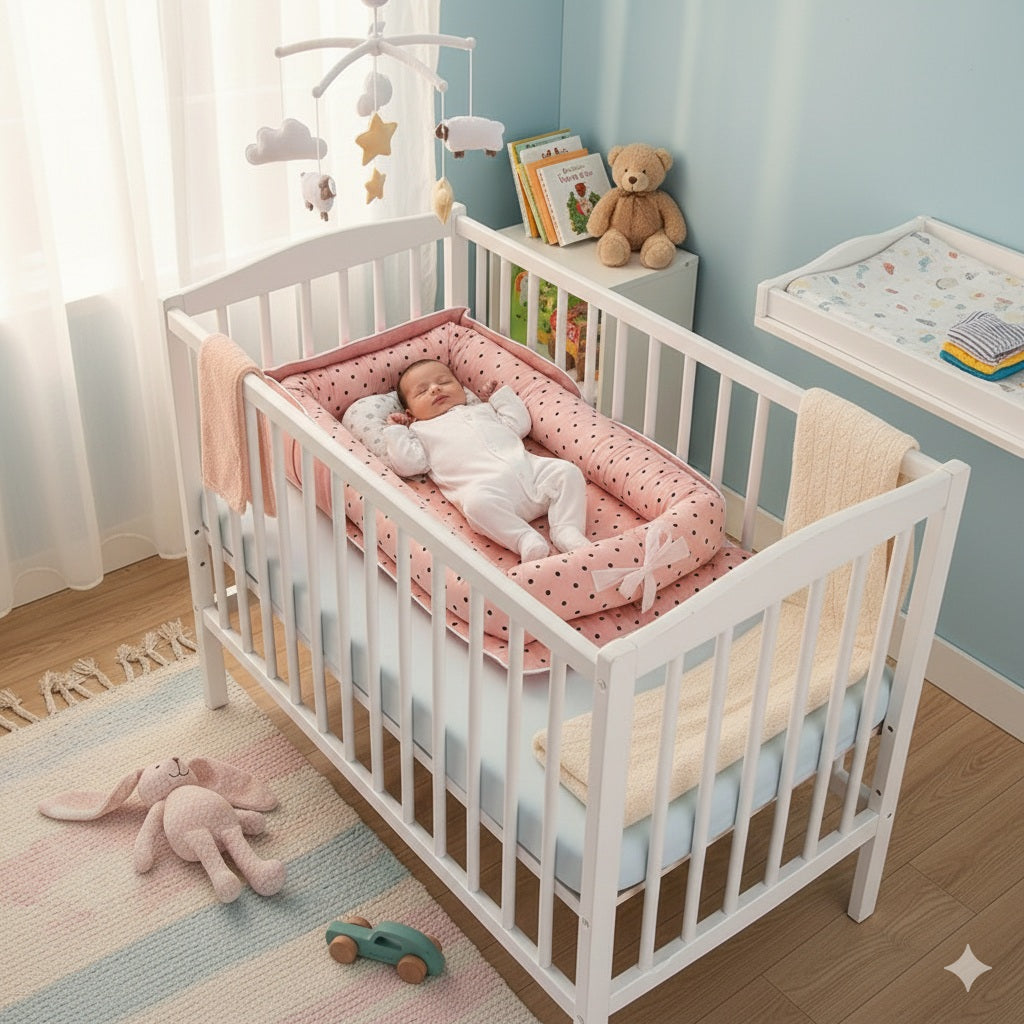 reducteur de lit bebe rose pointille nid chaleureux