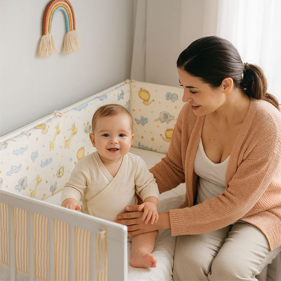 tour de lit bebe dessin anime beige-confortable