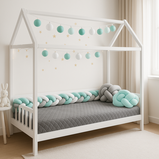 tresse de lit lit cabane bleu blanc gris douillette