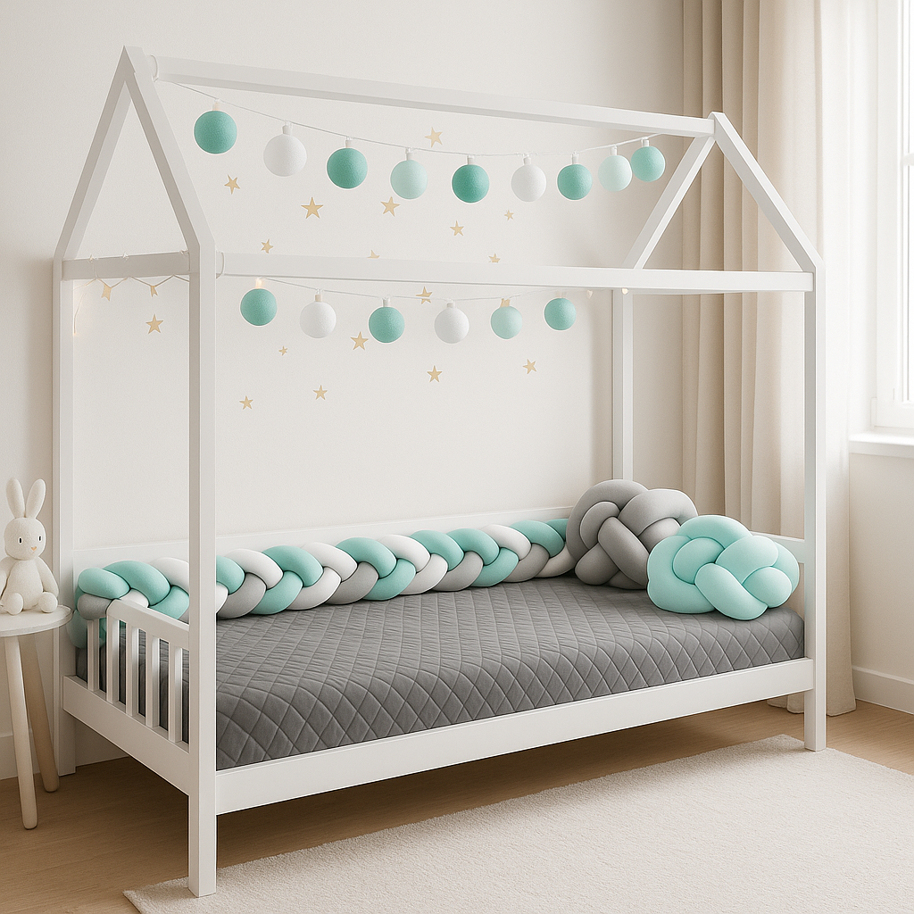 tresse de lit lit cabane vert gris blanc douillette
