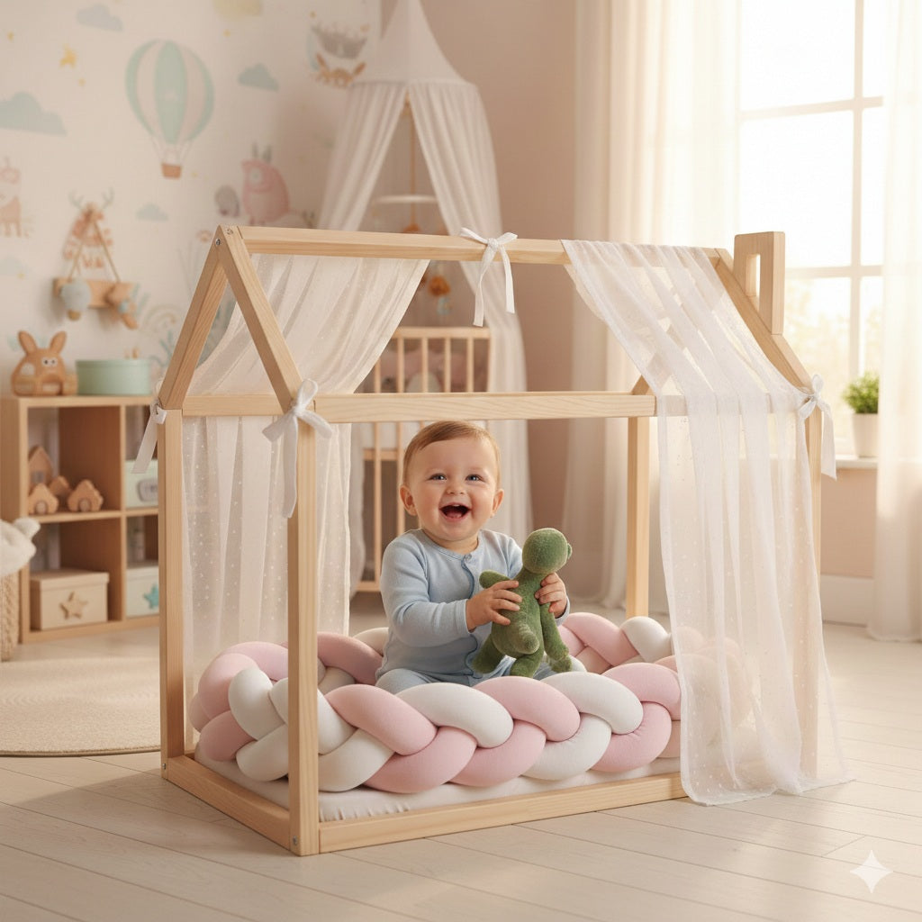 tresse tour de lit cabane rose blanc douceur apaisante