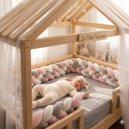 tresse tour de lit cabane rose blanc gris sommeil paisible
