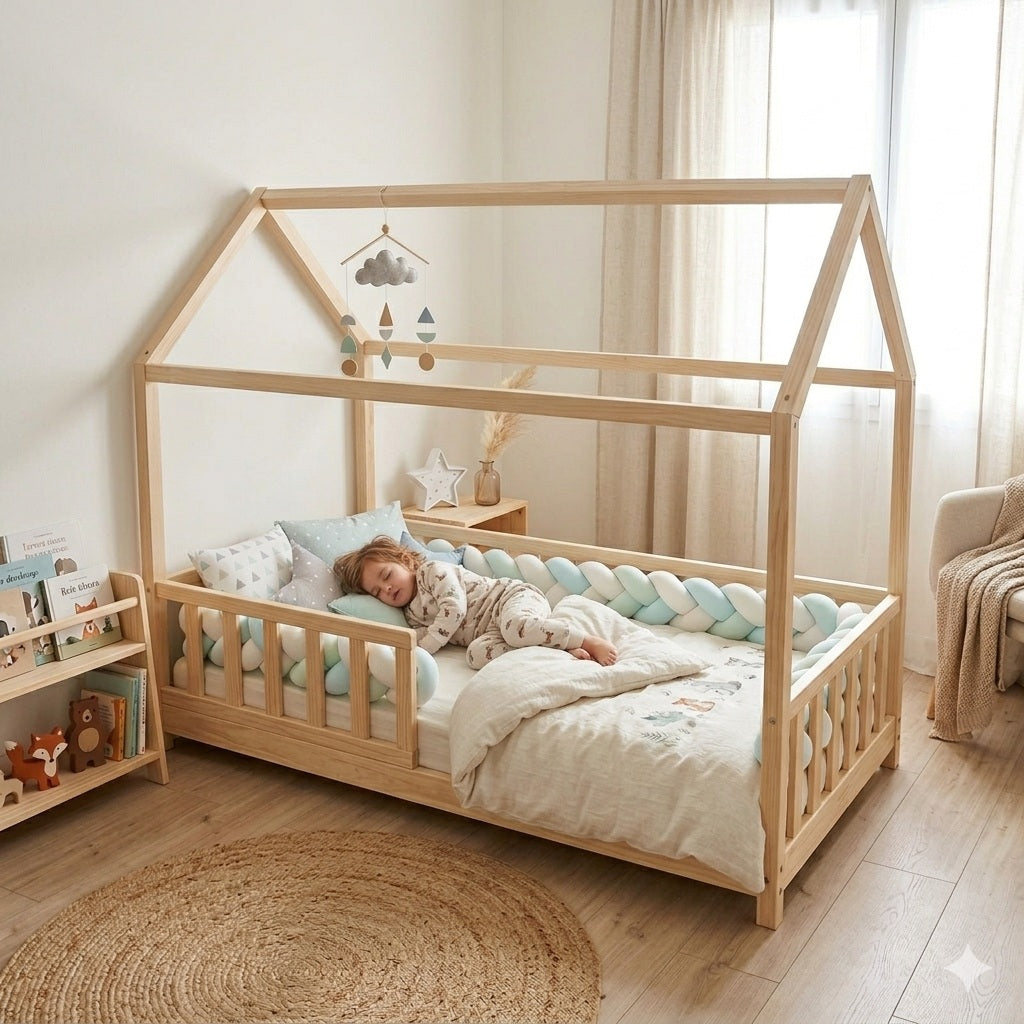 tresses de lit cabane bleu blanc vert protection douce