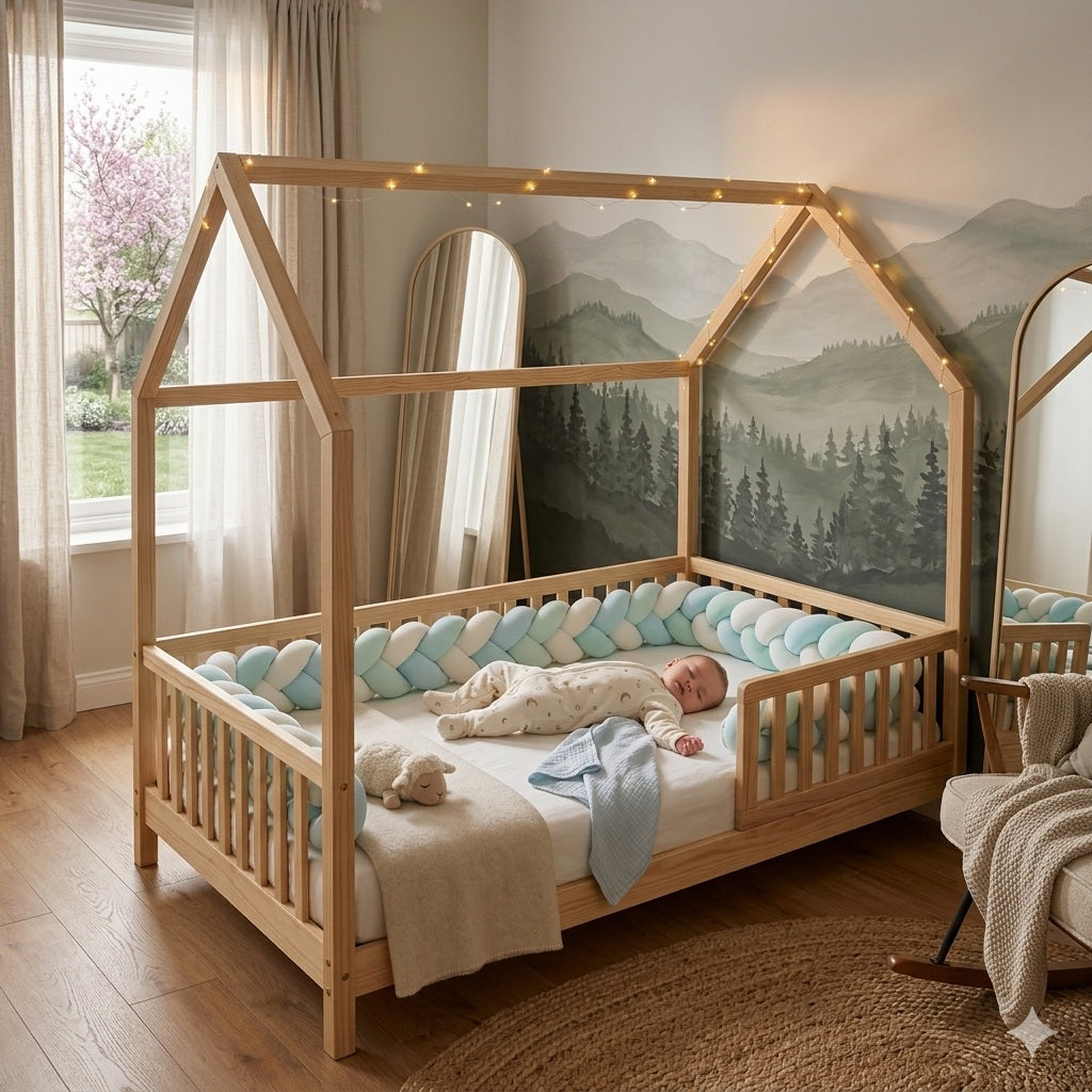 tresses de lit cabane bleu blanc vert protectrice