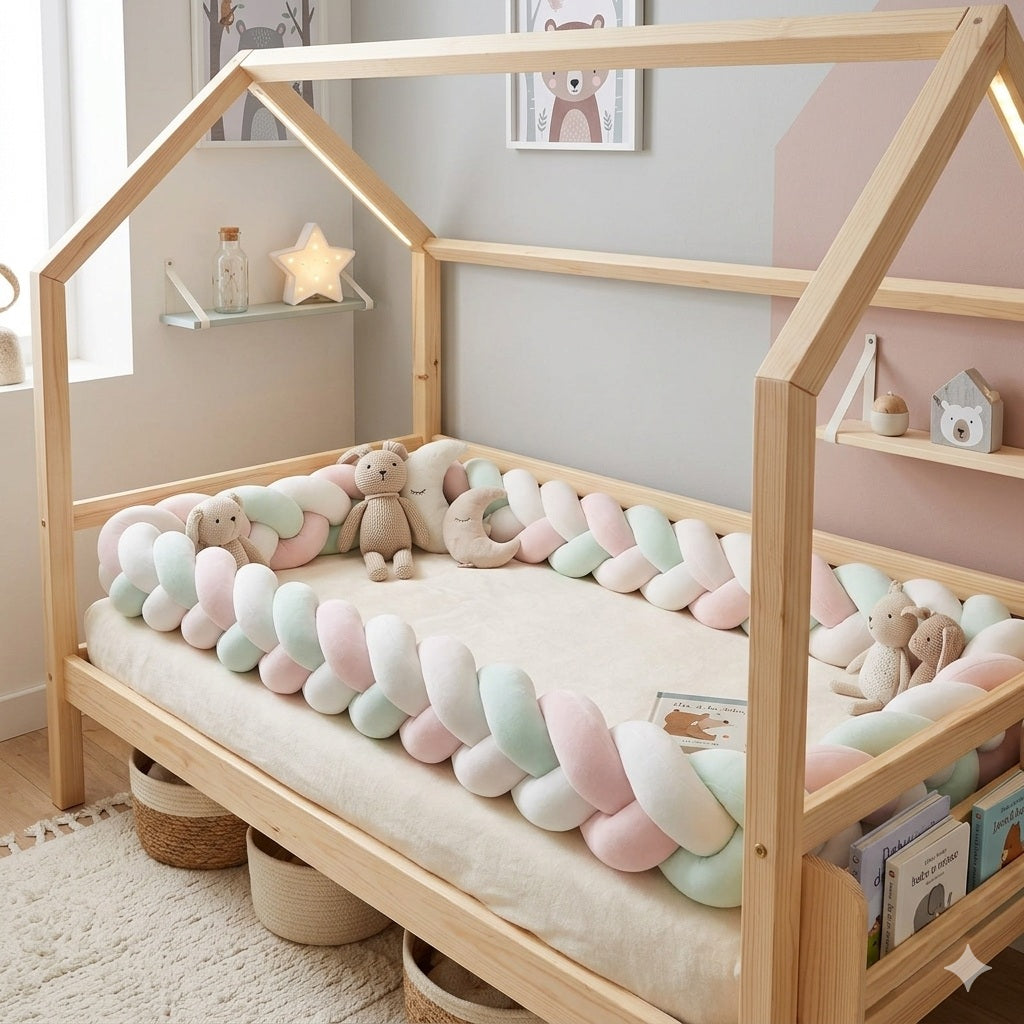 tresses de lit cabane vert blanc rose douceur paisible